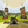 Vintage TVs Stacked With Film Projector On Green Grass Field With Trees