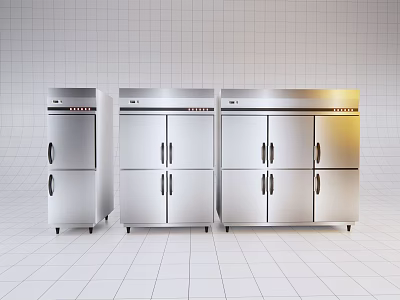 Stainless Steel Commercial Kitchen Appliances Arranged Side by Side in White Tiled Kitchen 3d model