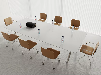 Modern White Conference Table With Brown Rolling Chairs And Water Bottles In Meeting Room 3d model