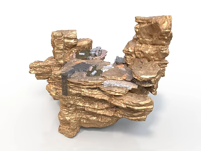 Golden Layered Rock Structure With Scenic Decorative Elements And Small Models 3d model