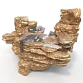 Golden Layered Rock Structure With Scenic Decorative Elements And Small Models