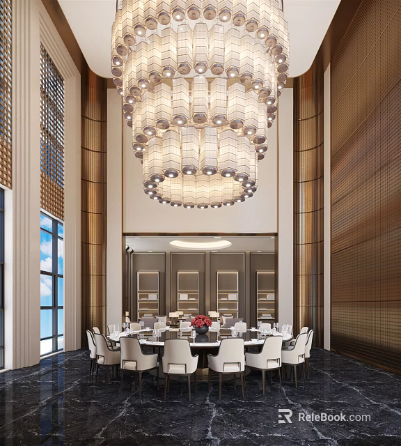 Elegant Private Dining Room Interior With Crystal Chandelier Round Table And Comfortable Seats 3d model