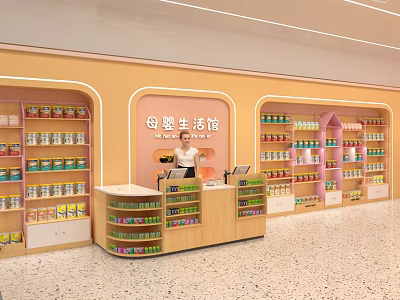 Maternity and Baby Products Store Bright Interior With Colorful Shelves Wooden Counter And Friendly Staff 3d model