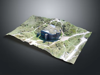High Quality 3D Terrain Model With Green Hills Building And Surrounding Paths 3d model