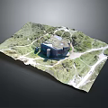 High Quality 3D Terrain Model With Green Hills Building And Surrounding Paths 3d model