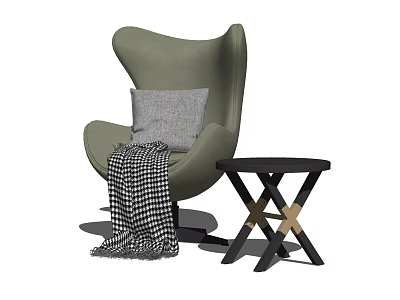 Green Accent Chair With Gray Cushion And Checkered Throw Near Black Side Table 3d model