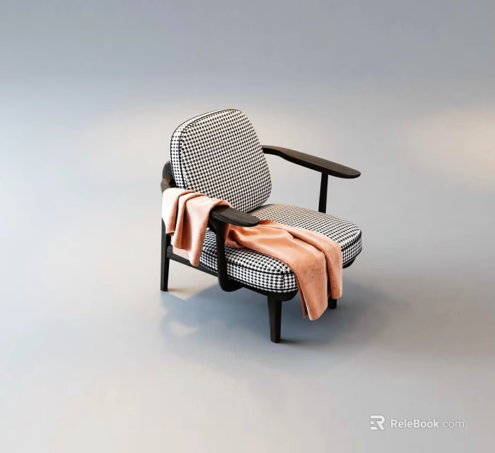Modern Checkerboard Pattern Leisure Chair With Dark Armrests And Light Pink Blanket 3d model 