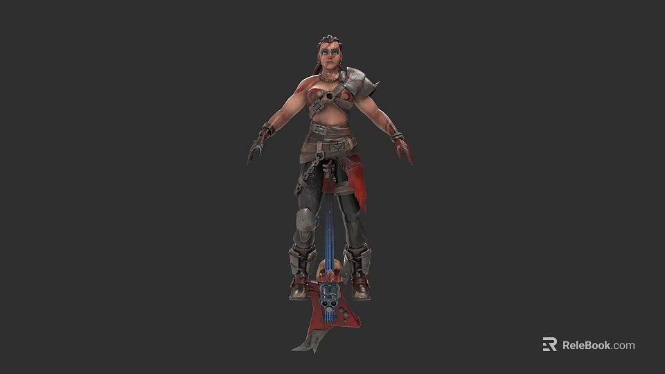 Fierce Fantasy Game Warrior Character With Spiked Spear And Leather Armor 3d model 