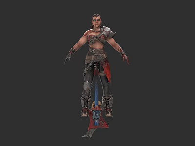 Fierce Fantasy Game Warrior Character With Spiked Spear And Leather Armor 3d model