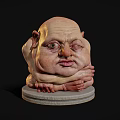 Fantasy Creature Sculpture with Large Head Wrinkled Face and Clawed Hands on Stone Base