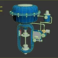 Blue Industrial Control Valve With Gauges Pipes And Red Label Design