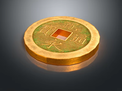 Ancient Chinese Gold Coin Jewelry With Square Hole And Carved Characters 3d model