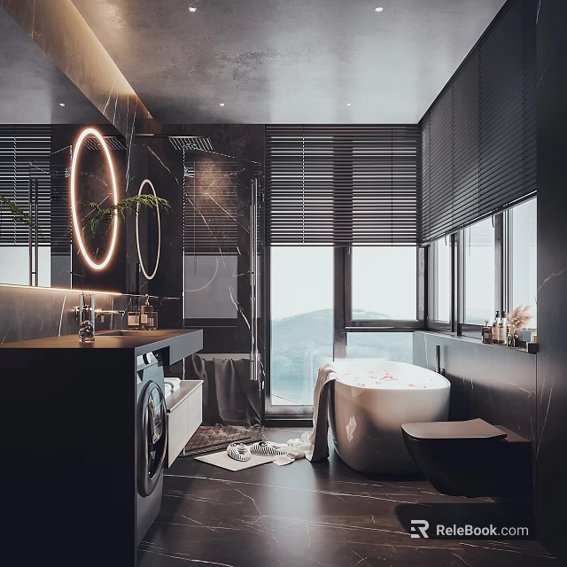 Modern Luxury Bathroom Interior With Round Mirror Ring Light Black Blinds And Freestanding White Bathtub 3d model 