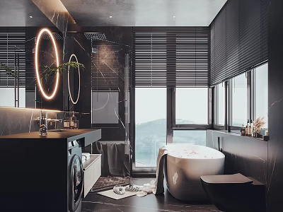 Modern Luxury Bathroom Interior With Round Mirror Ring Light Black Blinds And Freestanding White Bathtub 3d model