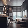 Modern Luxury Bathroom Interior With Round Mirror Ring Light Black Blinds And Freestanding White Bathtub