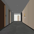 Modern Office Corridor with Elevators Vertical Striped Walls Marble Floor Lighting and Signage