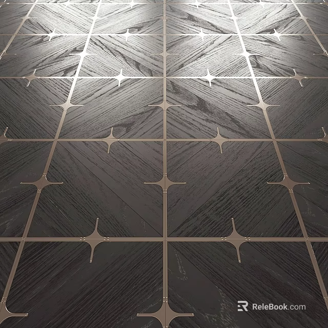 Dark Wood Grain Tiles With Metal Star Shaped Accents In Grid Pattern 3d model 