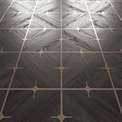 Dark Wood Grain Tiles With Metal Star Shaped Accents In Grid Pattern 3d model