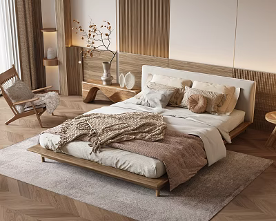 Hotel Guest Room Wooden Headboard Cozy Bed Multiple Pillows Blanket Herringbone Rug Window Chair 3d model