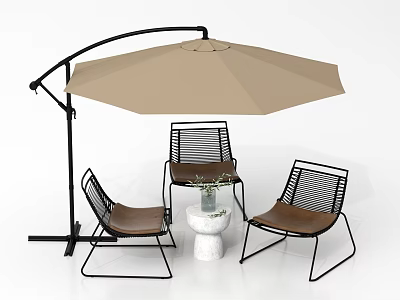 Outdoor Chairs with Metal Frame Brown Seats Woven Backrest Beige Umbrella and Small White Table 3d model