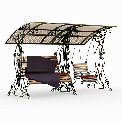 Outdoor Swing Chairs With Metal Frame Wooden Seat And Canopy Design 3d model