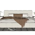 Modern Upholstered Double Bed with White Sheets Brown Throw Blanket and Nightstands on Patterned Rug 3d model