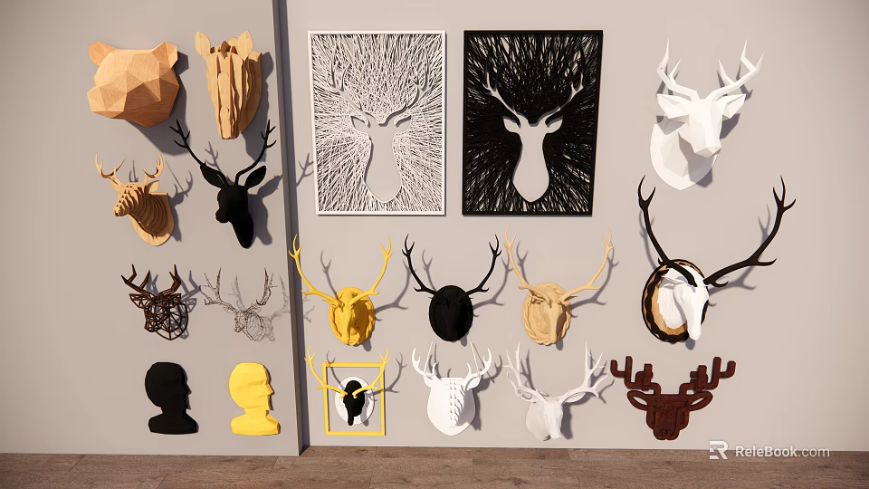 Stylish Wall Decor Featuring Deer Head Mounts in Various Colors and Materials 3d model 