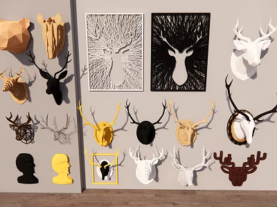Stylish Wall Decor Featuring Deer Head Mounts in Various Colors and Materials 3d model