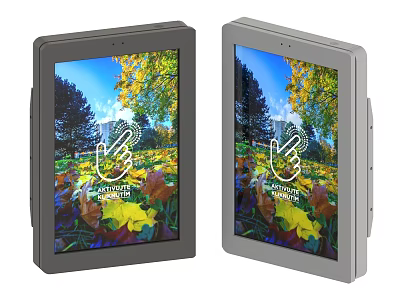 Two Modern Office Appliances With Touch Screens Displaying Natural Scenery Gesture Icons And Anywhere Text 3d model