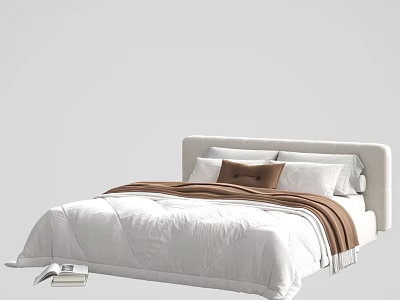 Modern Double Bed With Upholstered Headboard White Comforter And Brown Blanket 3d model