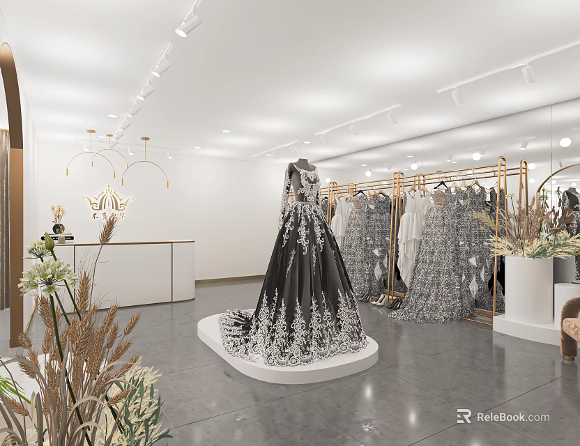 Elegant Bridal Shop Showcasing Black Wedding Dress On Display Stand With Stylish Lighting And Decor 3d model 
