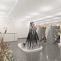 Elegant Bridal Shop Showcasing Black Wedding Dress On Display Stand With Stylish Lighting And Decor