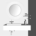 Modern Bathroom Washbasin With Circular Illuminated Mirror Faucet And Shelf With Toiletries