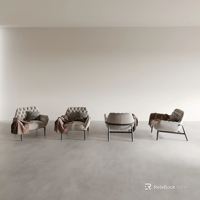 Modern Minimalist Leisure Chairs in Light Gray with Blankets and Cushions for Living Room Interior 3d model 