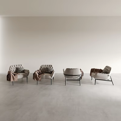 Modern Minimalist Leisure Chairs in Light Gray with Blankets and Cushions for Living Room Interior 3d model