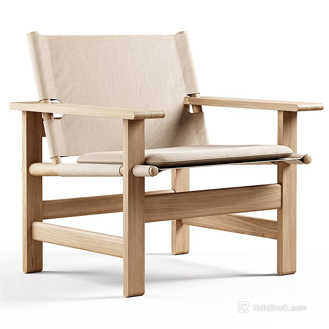 Leisure Chair with Oak Wooden Frame and Light Beige Fabric Cushion for Modern Living Space 3d model 
