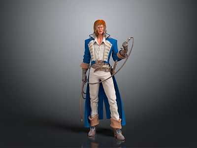 Red Haired Adventurer In Blue Coat With Wolf Companion And Whip Sword Equipment 3d model