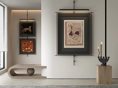 Framed Abstract Painting in Modern Interior Decor with Candle Holder and Wooden Bench 3d model