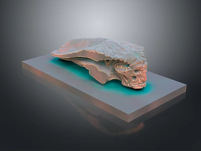 Intricate Copper Animal Head Sculpture Carving With Detailed Textures On Square Base 3d model