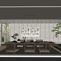 Traditional Chinese Tea House Interior With Wooden Furniture Calligraphy Painting And Green Plants