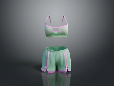 Light Green Activewear Set with Pink Trim Sports Bra and Shorts 3d model