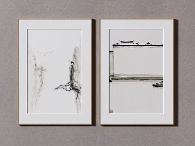 Traditional Chinese Ink Paintings With Mountain Water And Architecture Framed Wall Decor 3d model