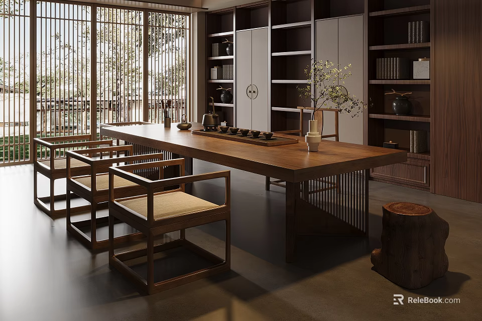 Traditional Chinese Interior With Long Wooden Table Chairs Bookshelves Screen And Vase 3d model 