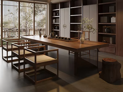 Traditional Chinese Interior With Long Wooden Table Chairs Bookshelves Screen And Vase 3d model