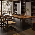 Traditional Chinese Interior With Long Wooden Table Chairs Bookshelves Screen And Vase