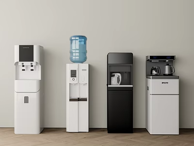 Multiple Styles Of Standing Water Dispensers With White And Black Designs And Blue Water Jug 3d model