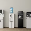 Multiple Styles Of Standing Water Dispensers With White And Black Designs And Blue Water Jug