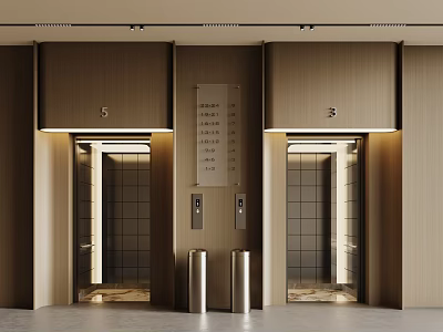 Two Modern Elevators With Wooden Wall Panels Metal Accents And Floor Indicator Board 3d model