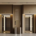 Two Modern Elevators With Wooden Wall Panels Metal Accents And Floor Indicator Board