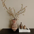 Terracotta Patterned Vase With Dried Flower Branches Small Ceramic Bottles On Black Table Beige Wall